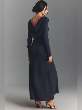 ANTHROPOLOGIE Navy Long-Sleeve Cowl Back Maxi Dress